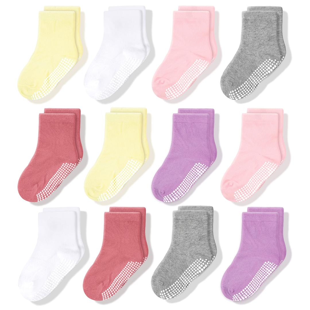 CozyWayBaby Anti Slip Crew Socks 12 Pairs with Grips for Toddlers Little Boys Girls Infants Kids Non Skid