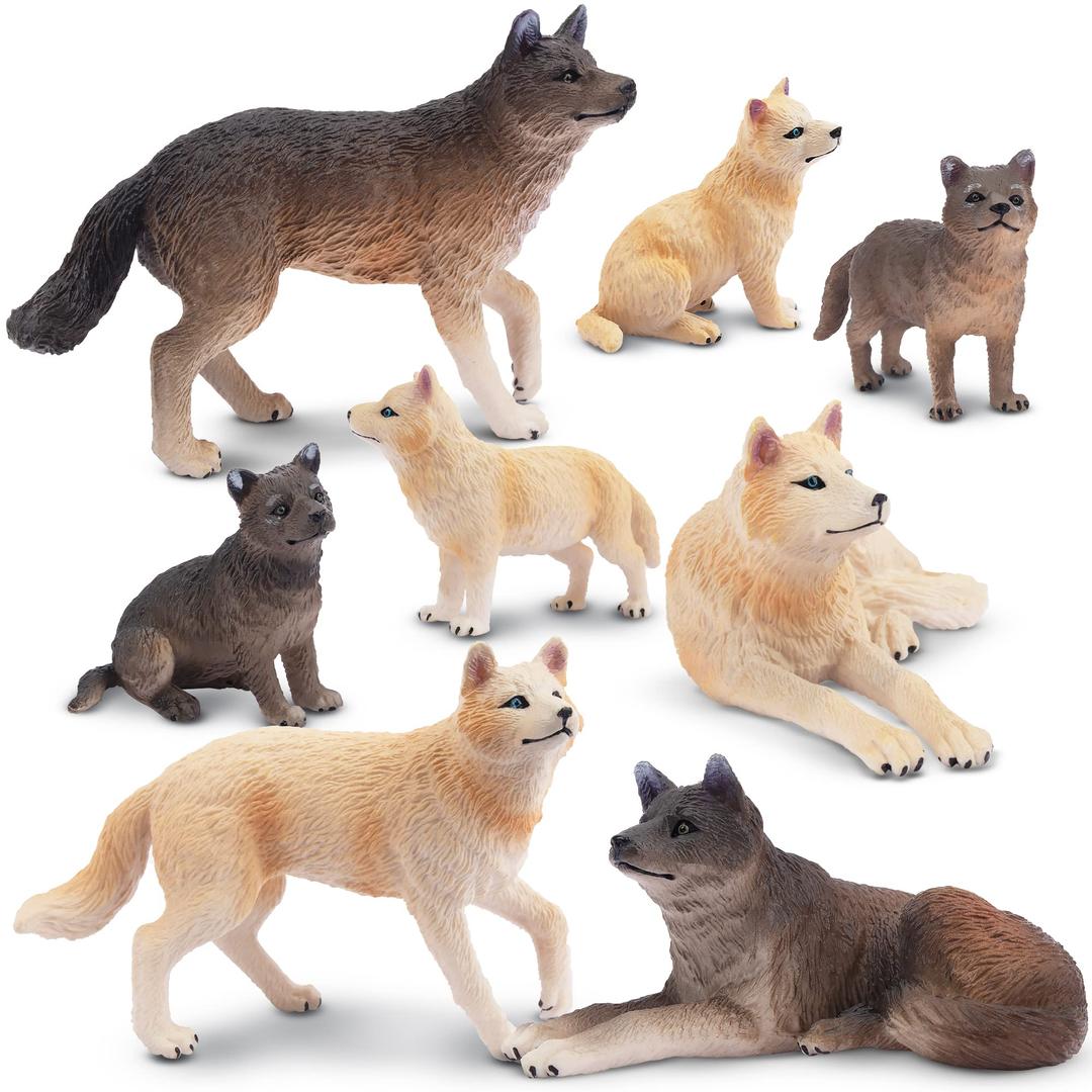 Toymany 8PCS Wolf Figures Forest Animals Toy Figurines - Realistic Jungle Zoo Animal Figurines，Educational Toy Cake Toppers Christmas Birthday Gift for Kids Boys Girls