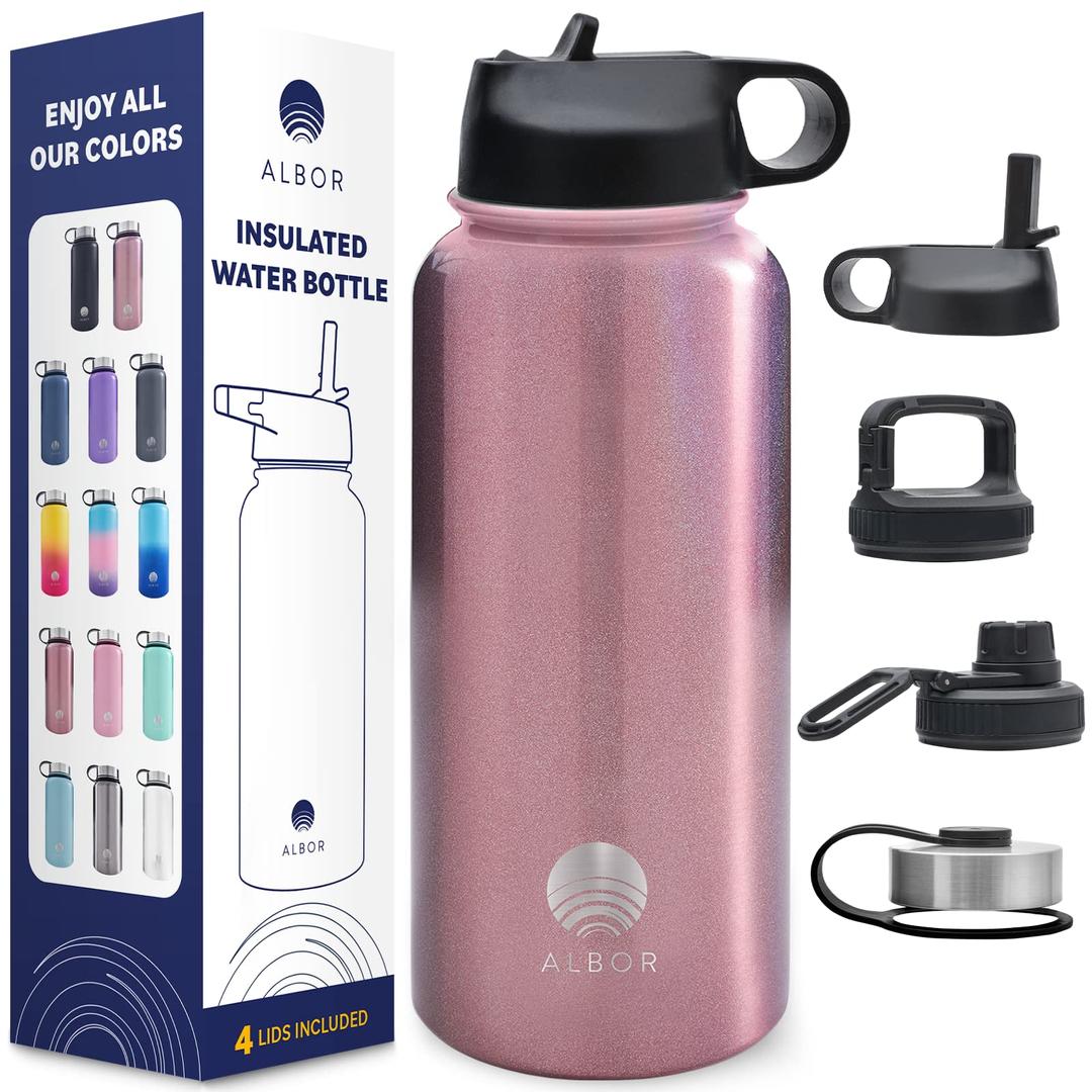 Albor 32 oz Insulated Water Bottle With Chug Lid and Straw, Plus Carry Lid for Travel, Leak Proof Stainless Steel Water Bottle for Gym and Travel (Glitter)