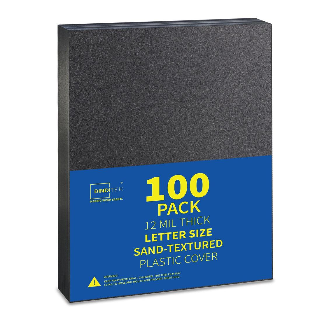 Binditek 100 Pack 12 Mil Sand-Textured Polycover - Plastic Binding Cover for Letter Size - Lightly Textured Sand Finish - Business Reports and Proposals - Square Corners, Un-Punched, Black