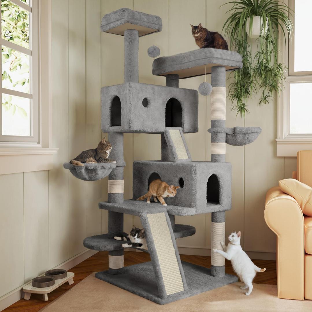 MUTICOR 66 Inches Multi-Level Large Cat Tree Tower for Indoor Big Cats/Cozy Plush Perches/Cat Condo/Sisal Scratching Posts/Hammock and Baskets/Cat Activity Center Play House/Wide Base/Grey