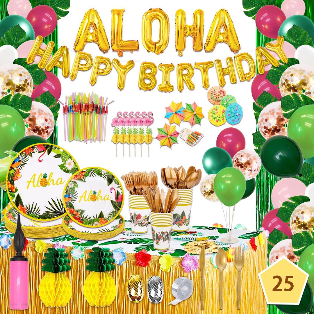 323 Mega Luau Party Decorations, Hawaiian Party Decorations Kit For Adults - "ALOHA"&"HAPPY BIRTHDAY" Banner, Balloons, Cake Topper, Straws, Table Skirt, Dinnerware Set For 25 Guests