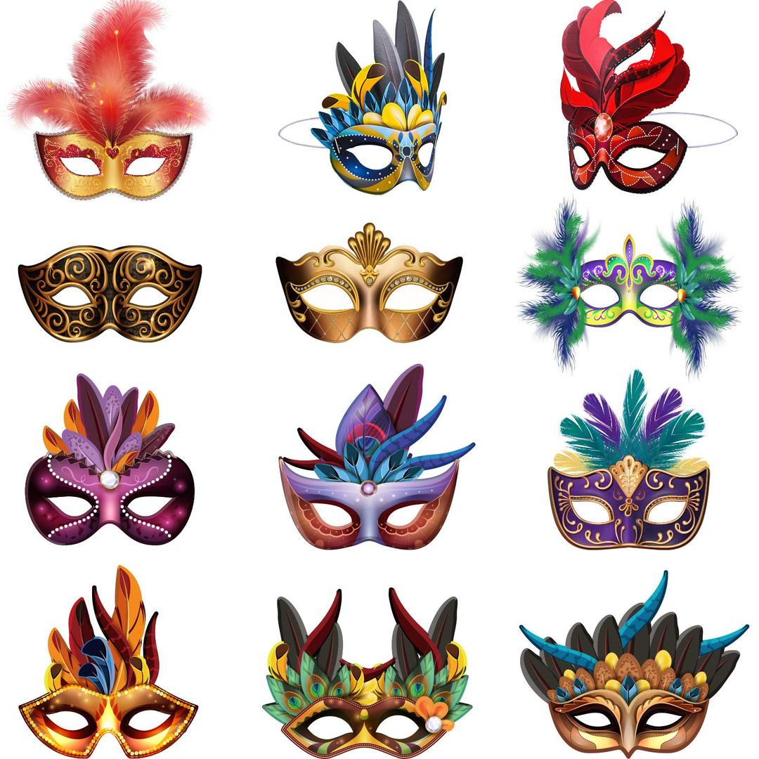 BluluMardi Gras Masks Paper Masks Carnival Parade Faux Feather Face Masks Masquerade Party New Orleans Novelty Masks Fantasy for Women Man Costume Party Favors (12 Pcs)