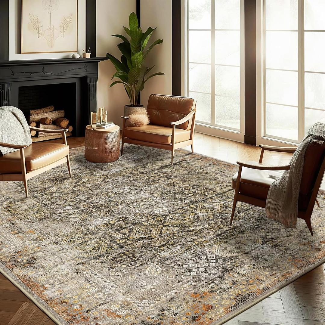 Area Rug 8'x10' Washable Rug Vintage Rug Traditional Mat Distressed Indoor Foldable Thin Rug Retro Accent Rug Floral Print Rug Non Slip Carpet Living Room Dining Room Office Large Carpet