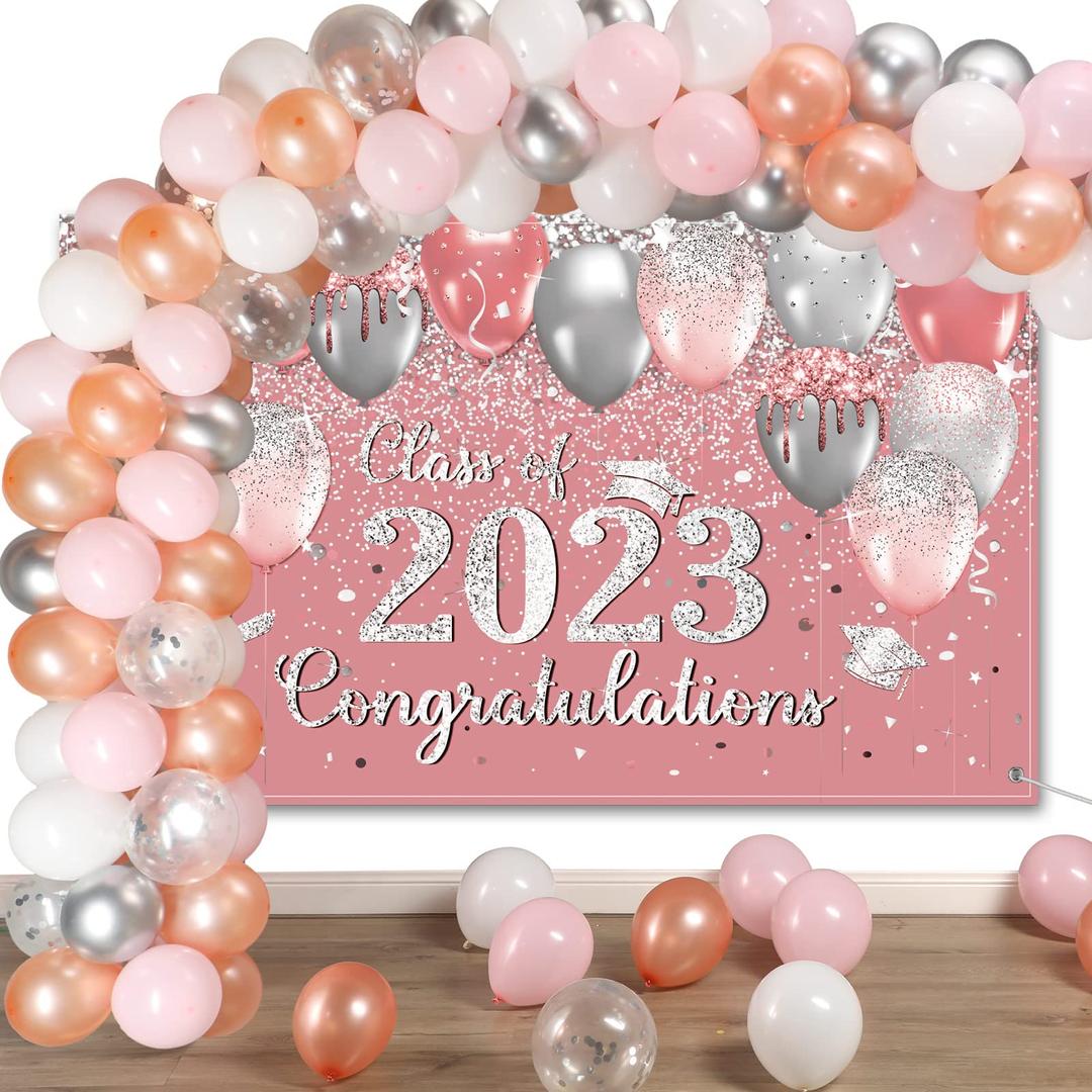 Graduation Backdrop Decoration Set Class of 2023 Glitter Graduation Photography Background Latex Balloon Congrats Grad Backdrop Banner for Grad Theme Party Photo Booth Props Decor (Pink and Silver)