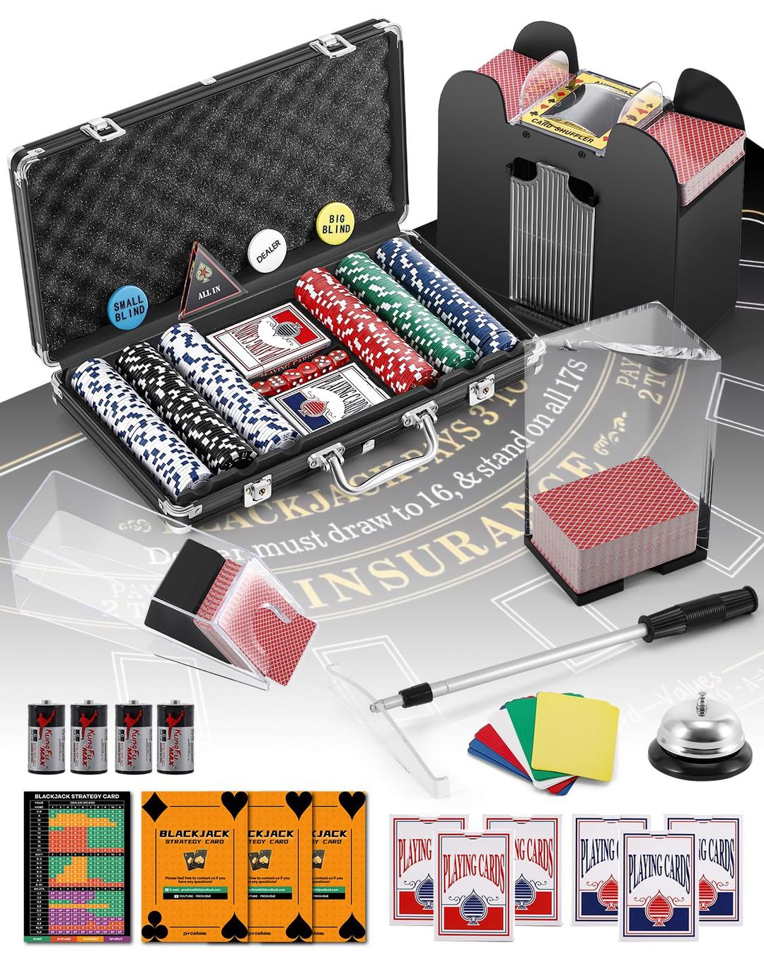 Casino Set Blackjack Game Combo Set: Card Shuffler, 300pcs Poker Chips, Casino Felt, Card Shoe, Chip Rake, Discard Tray, Playing Cards*8, Bell, Dice, Cut Cards, Casino Buttons