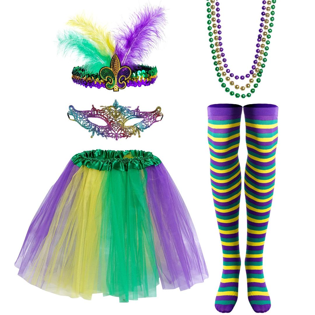 Yolyoo7 Pieces Mardi Gras Costume Accessory Set Tutu Skirt, Faux Feather Half Mask,Mardi Gras Beads,Long Socks for Women and Girls Multicoloured