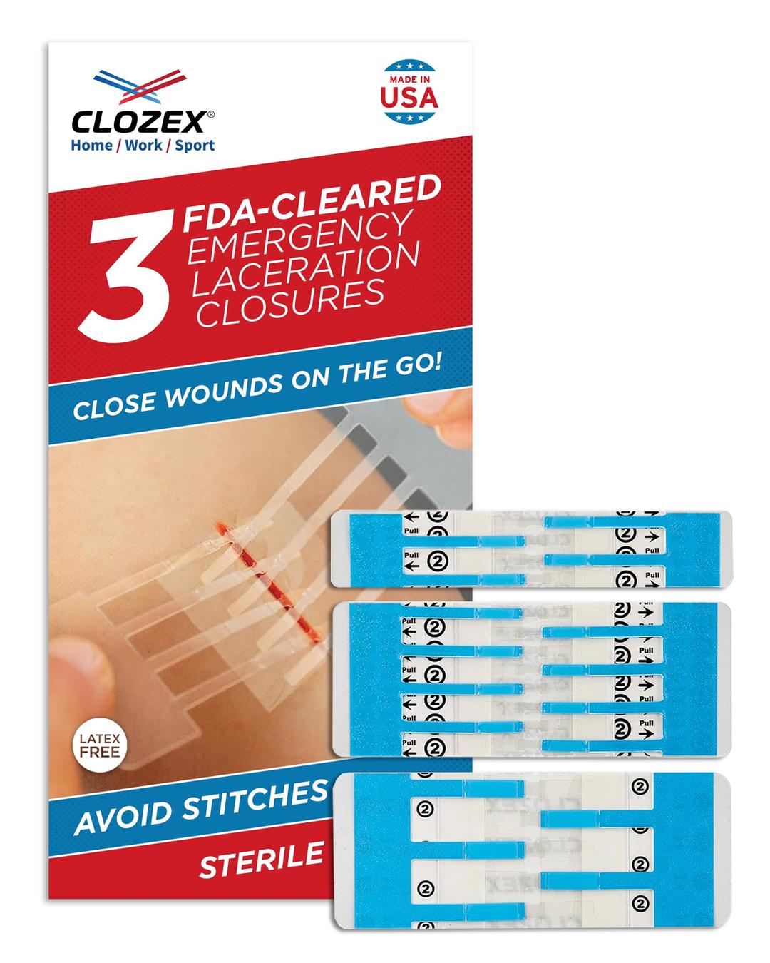 Clozex Emergency Laceration Closures - Repair Wounds Without Stitches. FDA Cleared Skin Closure Device for 3 Individual Wounds Or Combine for Total Length of 4 1/4 Inches.