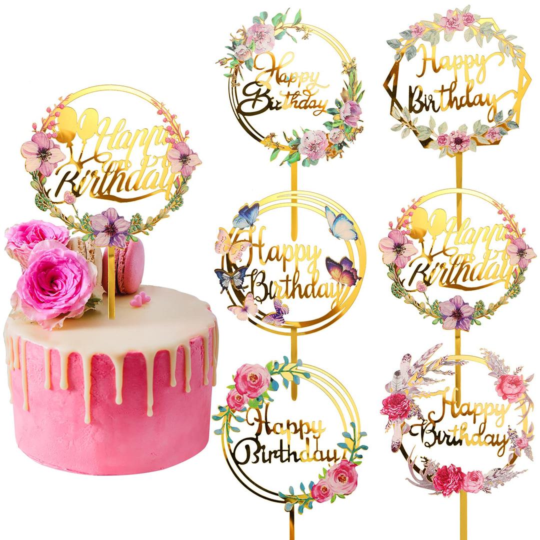 6 Pieces Happy Birthday Cake Toppers Gold Flower Acrylic Cake Toppers Acrylic Cupcake Topper for Various Birthday Party Anniversary Cake Pastries Decorations