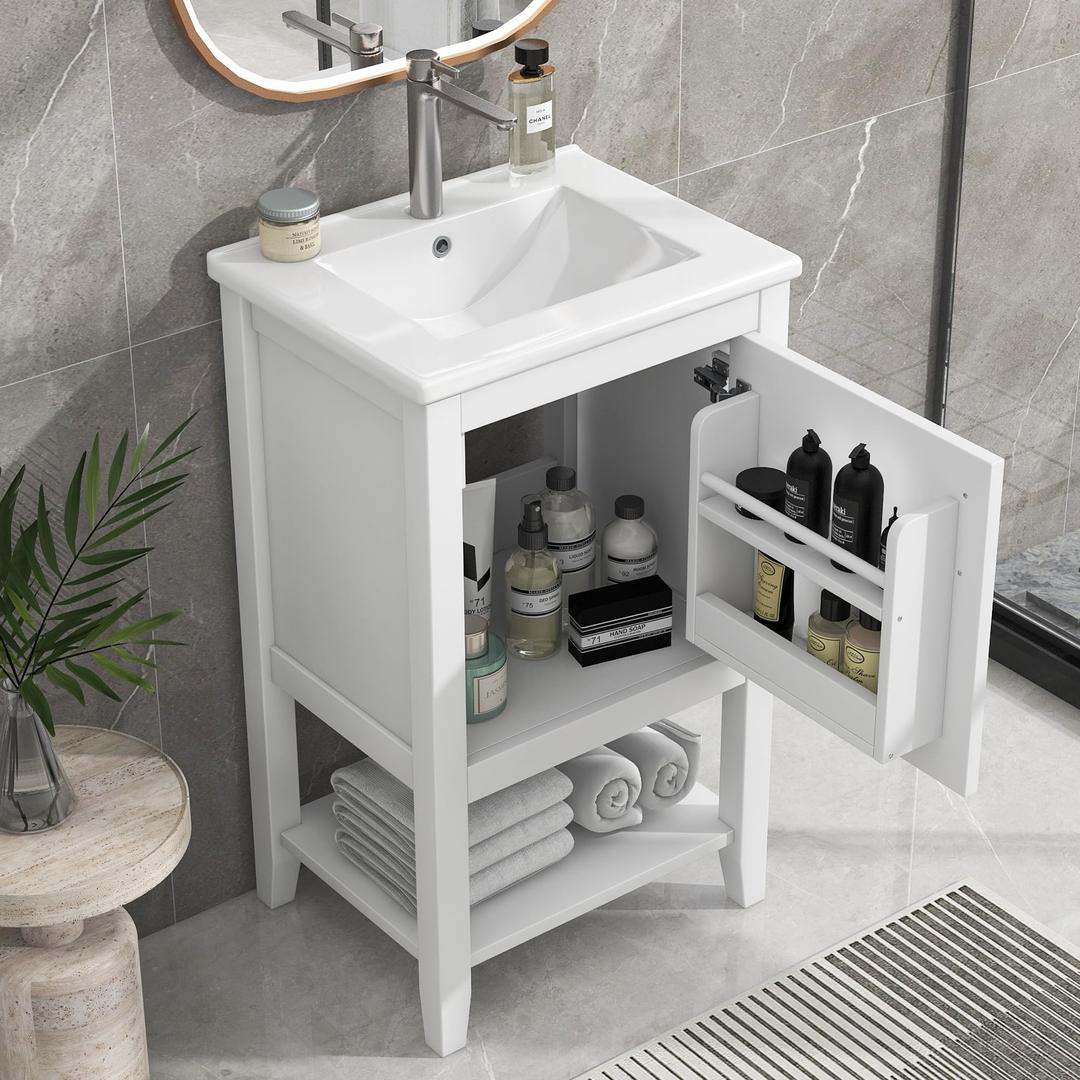 Bellemave 20" Small Bathroom Vanity with Sink, Modern Bathroom Storage Cabinet with Door and Storage Rack, Free Standing Single Basin Vanity with Open Shelf, Undermount Ceramic Sink（White）