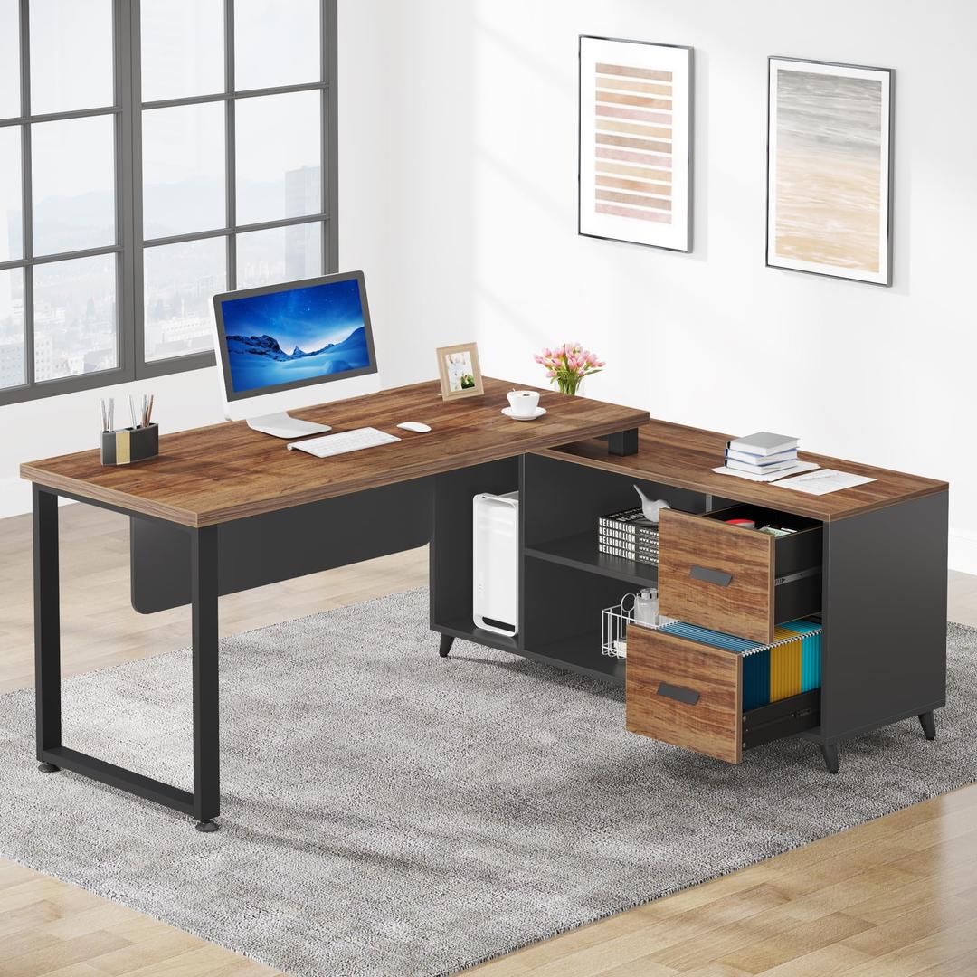 Tribesigns L Shaped Desk with File Drawer, 55 Inch Executive Office Desk with Cabinet Storage Shelves, Business Furniture L Shaped Computer Desk for Home Office (Rustic)