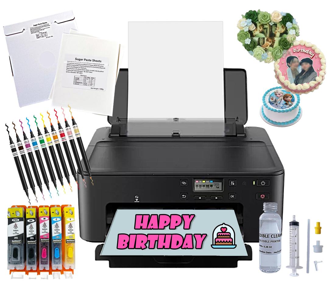 Newest Topper Cake Image Printer Set- Ink Cartridge & 25 Frosting Sheets, 10 Coloring Pens + Cleaning Kit with Tools