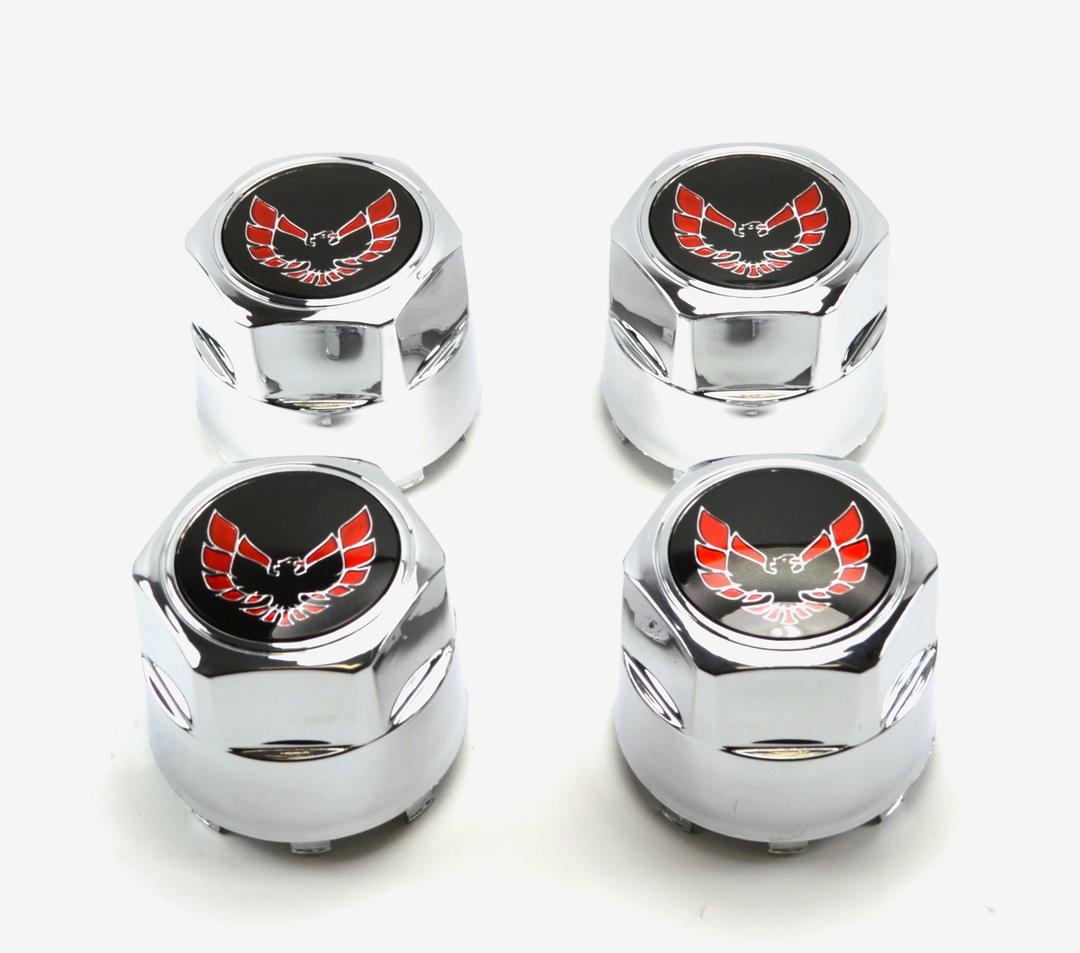 General Motors Set of 4 New 77-81 Pontiac Firebird Trans Am TA Snowflake Turbo Aluminum Wheel Chrome Center Caps Red Bird