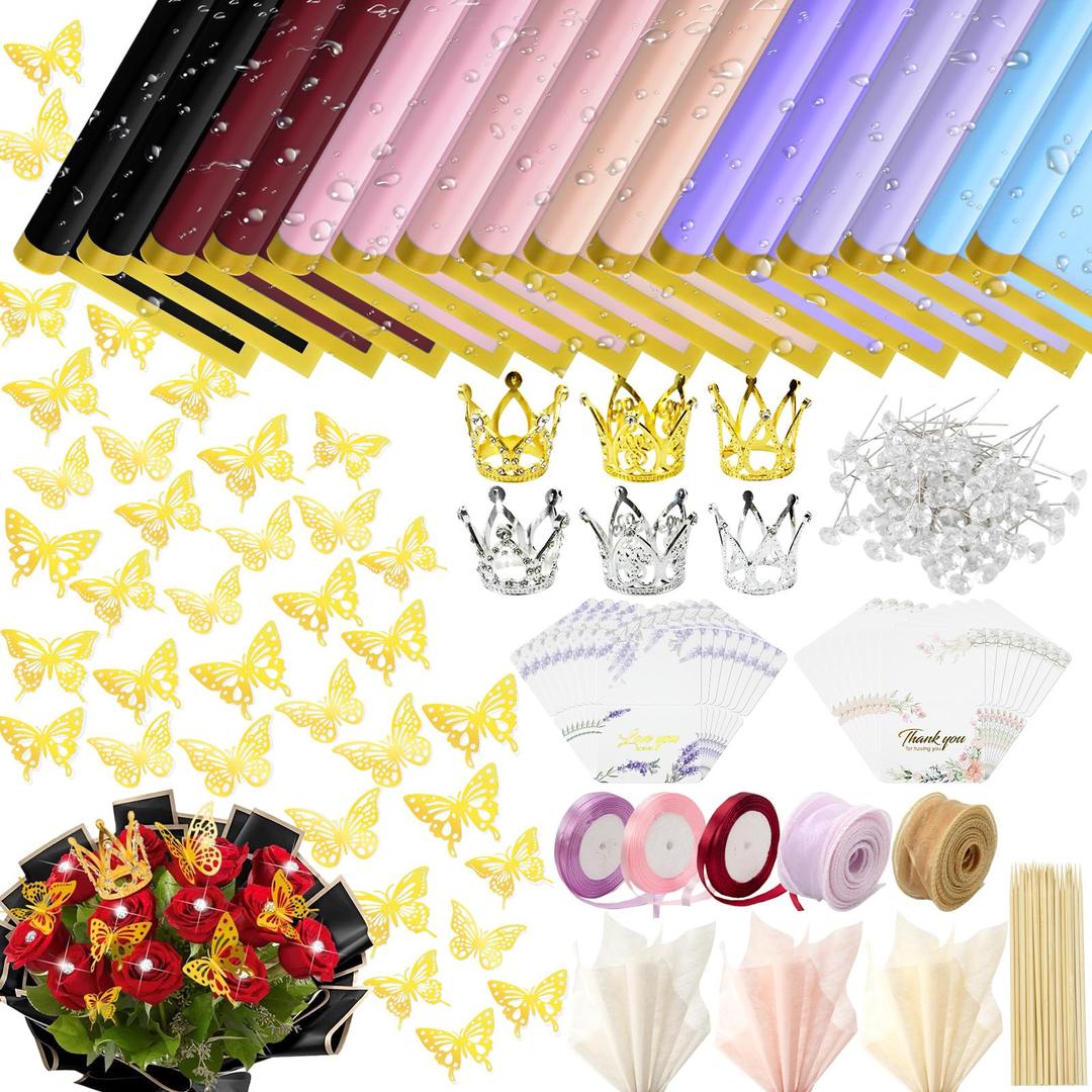 JFTNAKY 80 pcs Waterproof Flower Wrapping Paper Sheets,426 pieces Flower Bouquet Wrapping Paper Waterproof Floral Supplies with Ribbons Flower Pins 3D Butterflies Crowns for Florist Wrap(8 Colors)