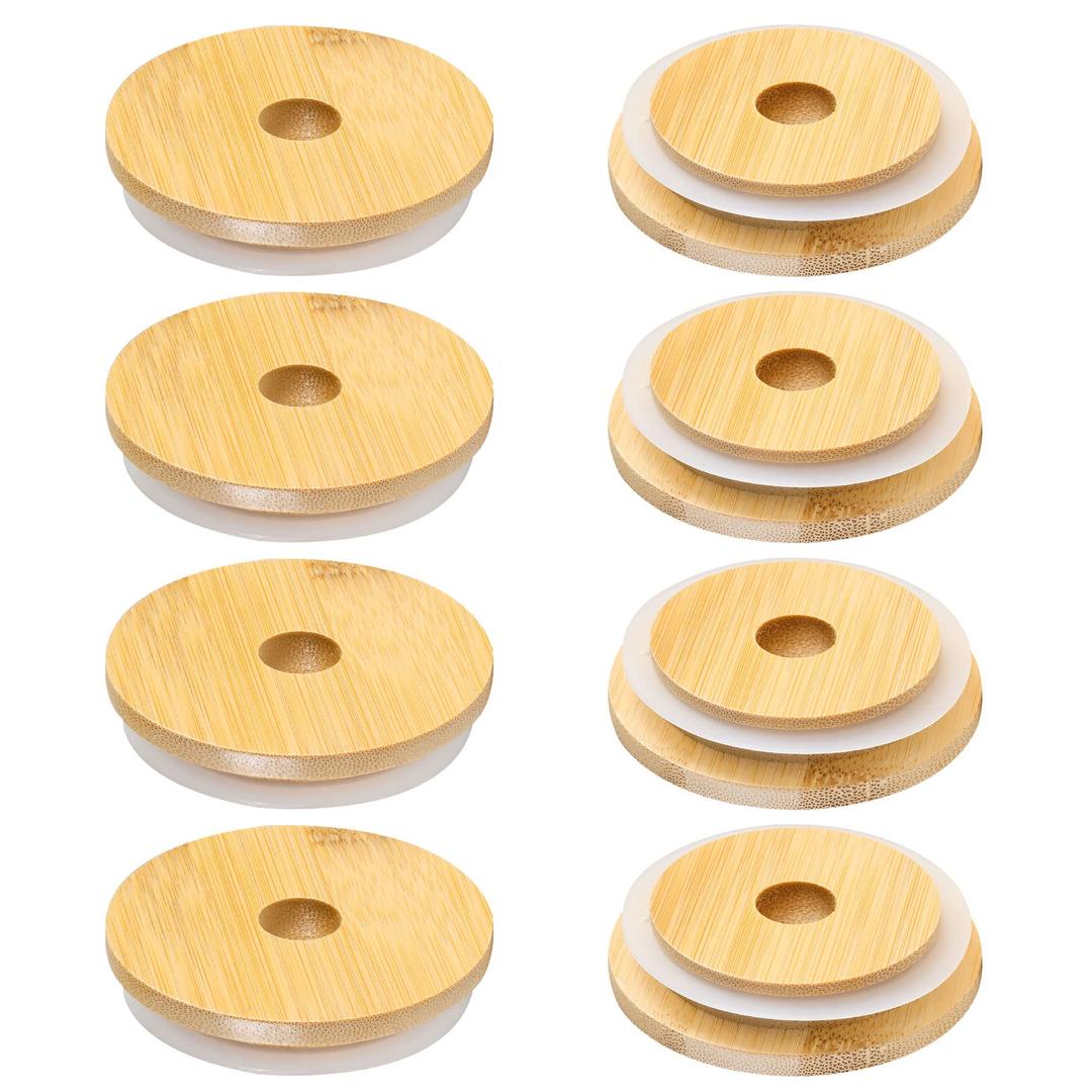 Mason Jar Lids with Straw Hole, 8 Pack Bamboo Lids for Beer Can Glass, Reusable Mason Jar Lid for Regular Mouth Mason Jar 70mm