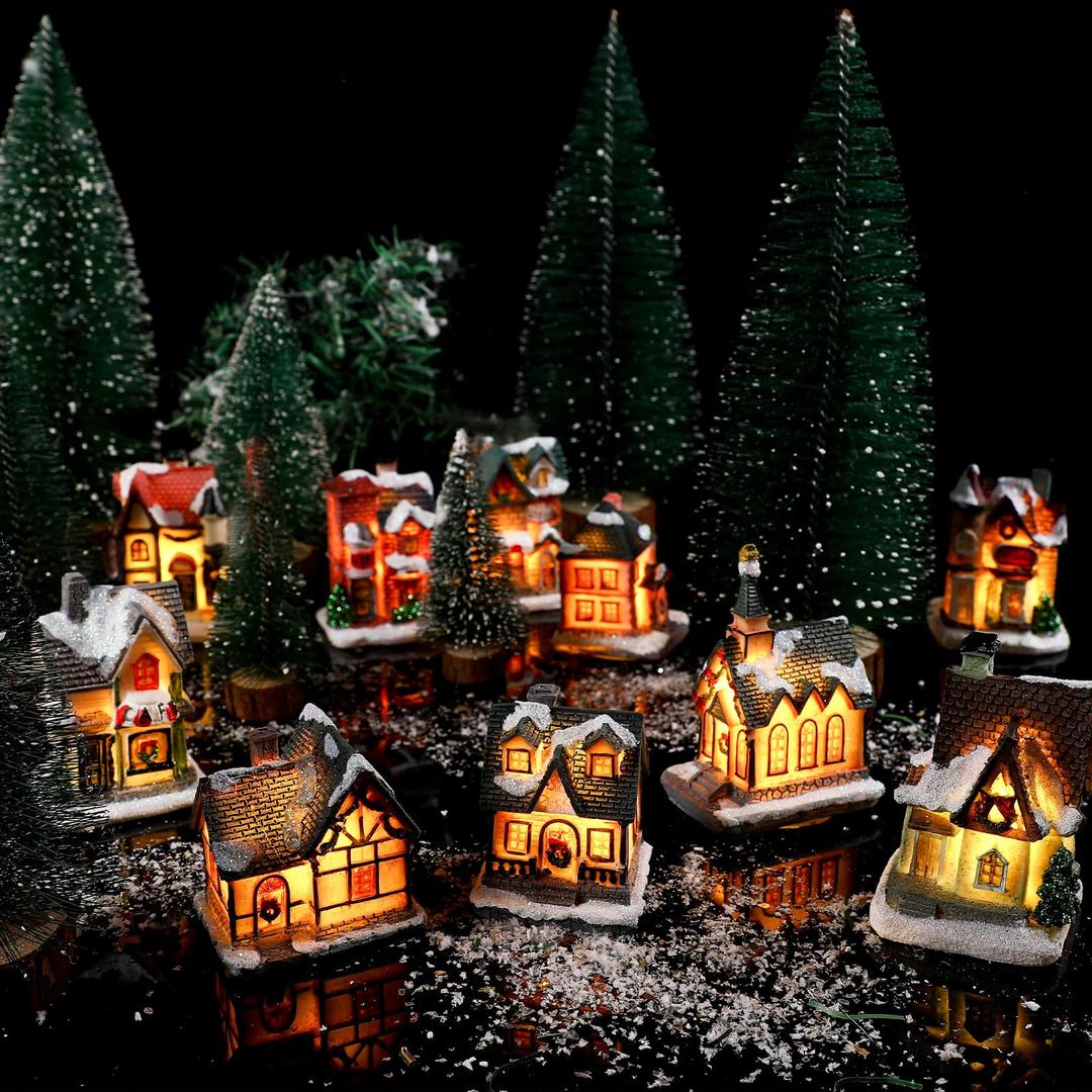 Soaoo 10 Pcs Christmas Village Sets Christmas Village Houses with Figurines LED Lighted Christmas Figurines Battery Operated Christmas Collectible Buildings for Desktop Ornaments Landscape Decor