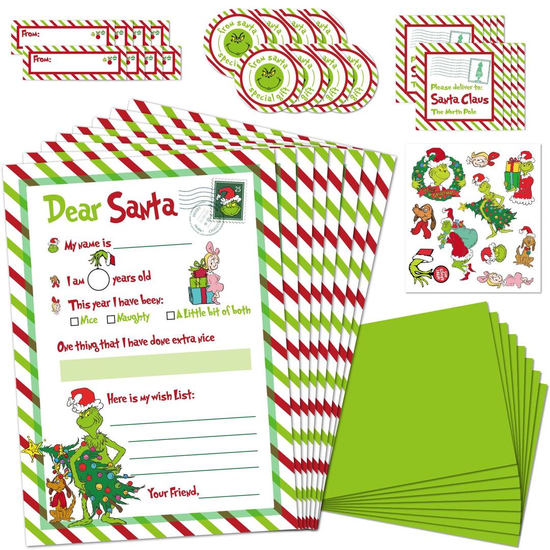 RINOLY 8 Sets Letter to Santa Kit,Official Santa Letters Writing Kit for Christmas Wish List,5X 7”Fill in The Blank Cards with Green Envelopes/Stickers/Seals/Address Labels