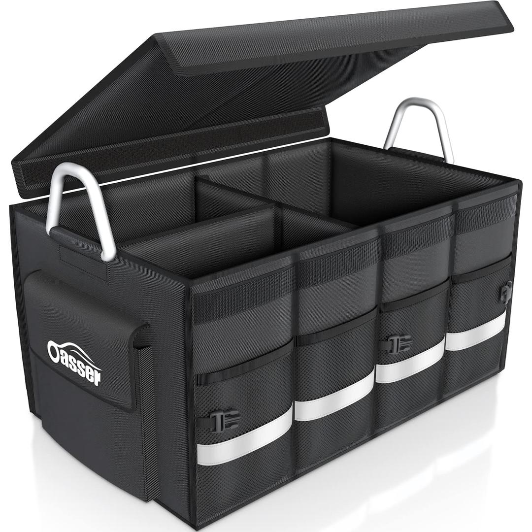 Oasser Trunk Organizer Cargo Organizer Trunk Storage Waterproof Collapsible Durable Multi Compartments with Foldable Cover Aluminium Alloy Handle Reflective Strip (Large, Black)