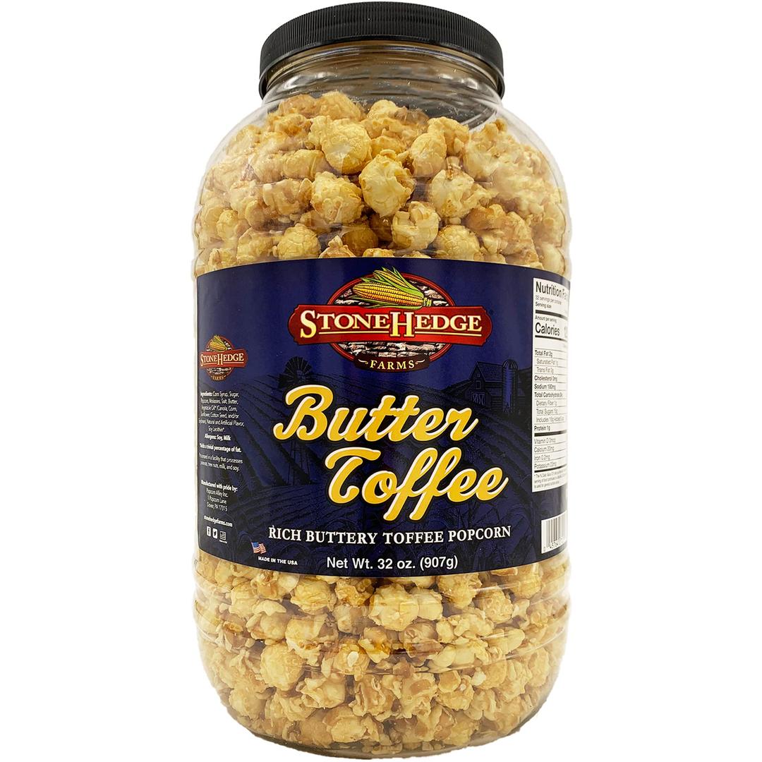 Stonehedge Farms Butter Toffee Flavored Popcorn - 32 oz Large Tub - Bulk Gourmet Deliciously Old Fashioned Popped Sweet Snacks - Made in the USA