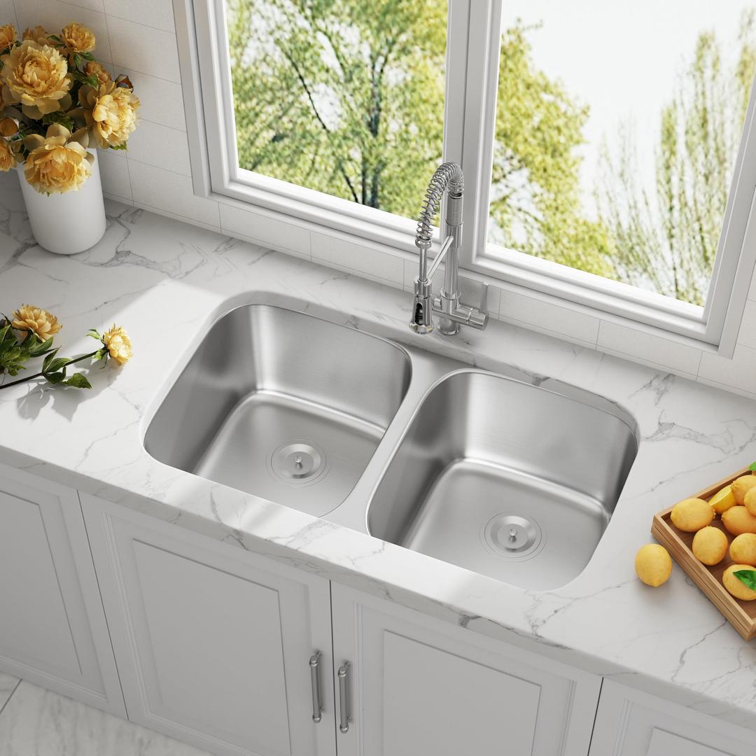 32 Inch Undermount Double Bowl Kitchen Sink 50/50 18 Gauge 304 Stainless Steel Spacious Double Bowl Design Sink with Strainer 32" x 18" x 9"