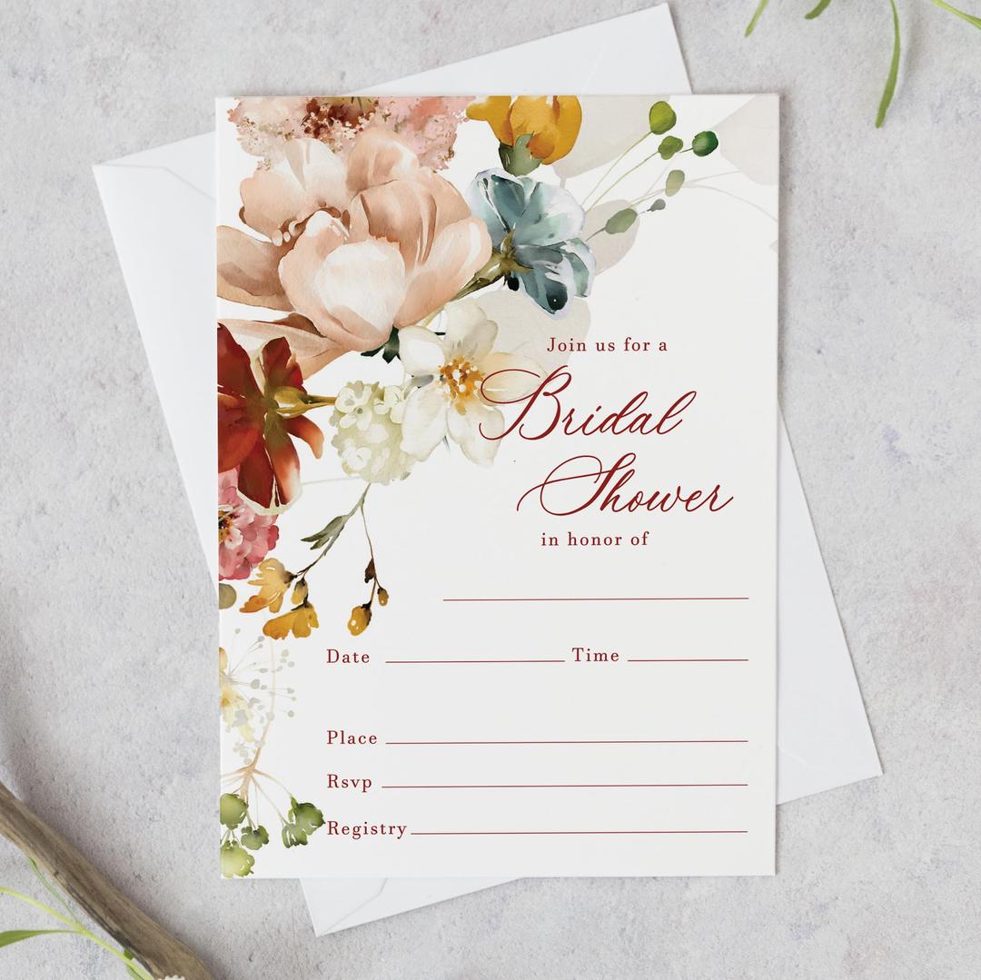 Set of 25 Floral Bridal Shower Invitations with Envelopes — Fill-in Style Invites with Envelopes, Greenery Bridal Shower Invitations