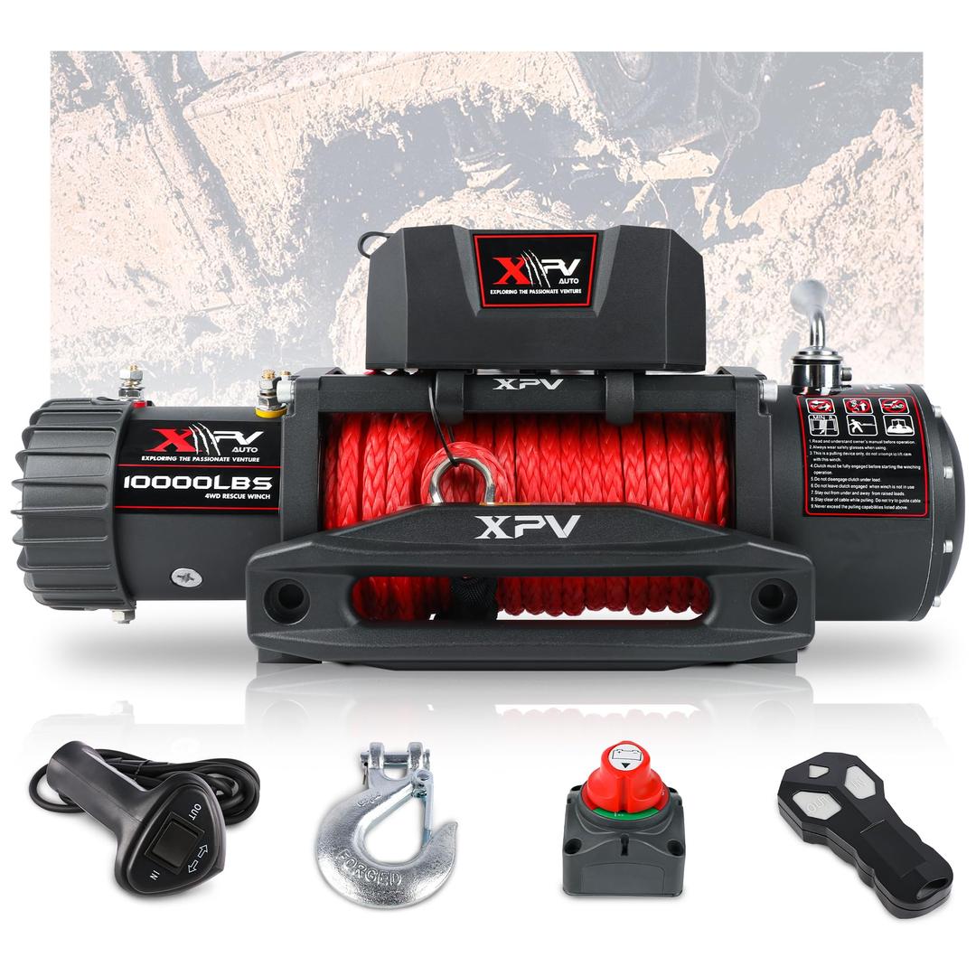 XPV AUTO Winch 10000 lb. Electric Winch Truck Winch Waterproof IP67 Electric Winch Synthetic Rope Kit with Wireless Handheld Remotes and Wired Handle for 4WD 4x4 Off Road Vehicle Boat Truck