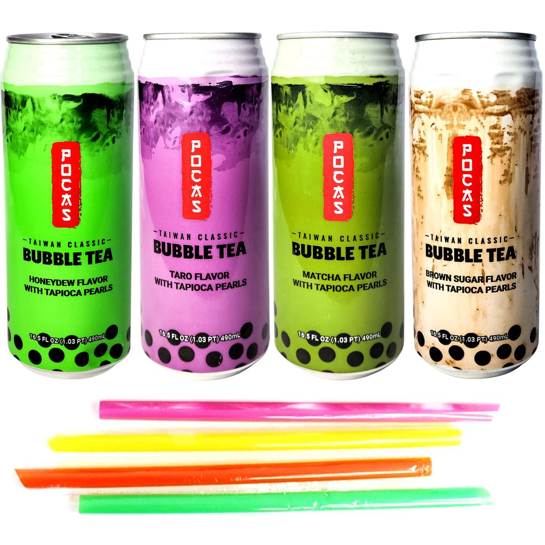 Pocas Bubble Tea with Tapioca Pearls, Variety Pack 8 can(16.5oz) (Taro x2, Brown Sugar x2, Matcha x2, Honey Dew x 2)