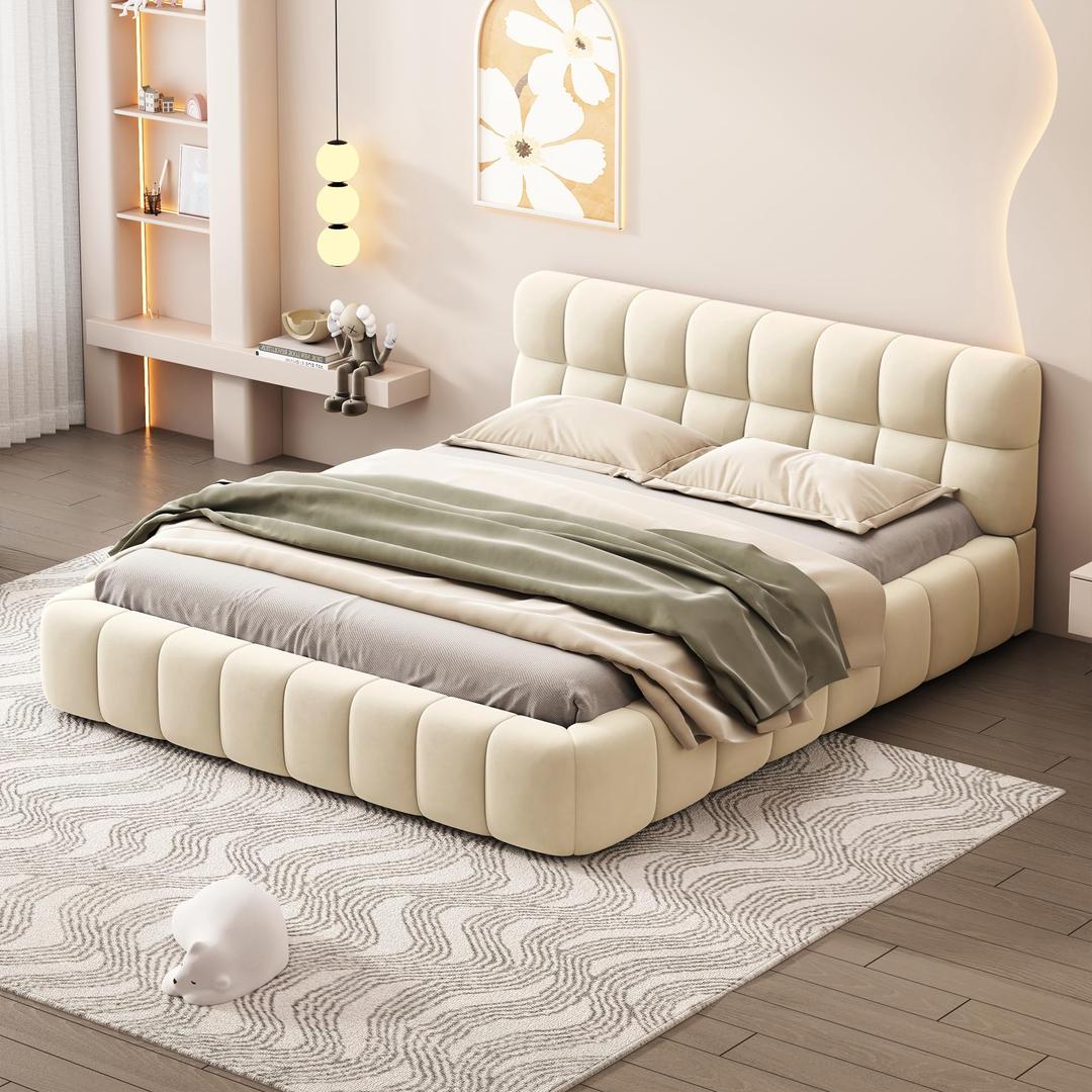 MeraxModern Queen Upholstered Bed Frame with Wingback, Linen Low Plattform Bed, No Box Spring Needed Beige