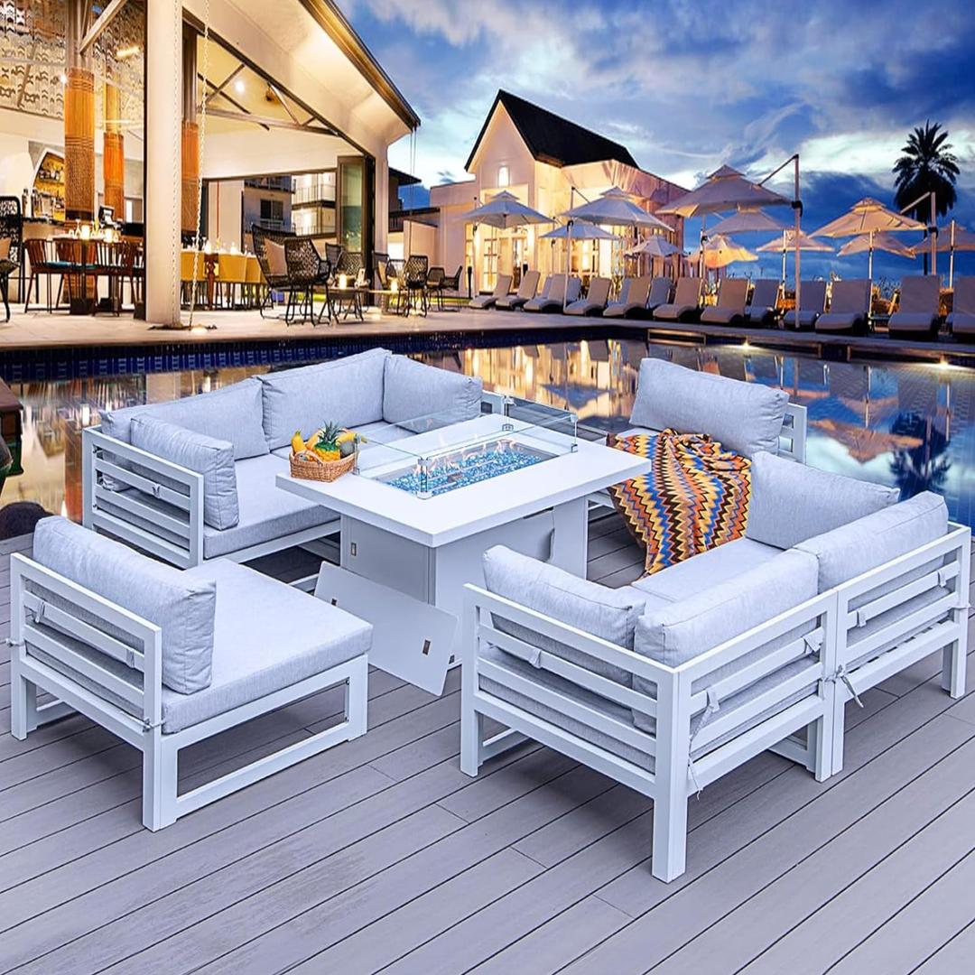 RADIATA7 Piece Aluminum Patio Furniture with Fire Pit Conversation Set with 29'' Large Depth Seat Outdoor Modern Luxury Sofa Set (White)