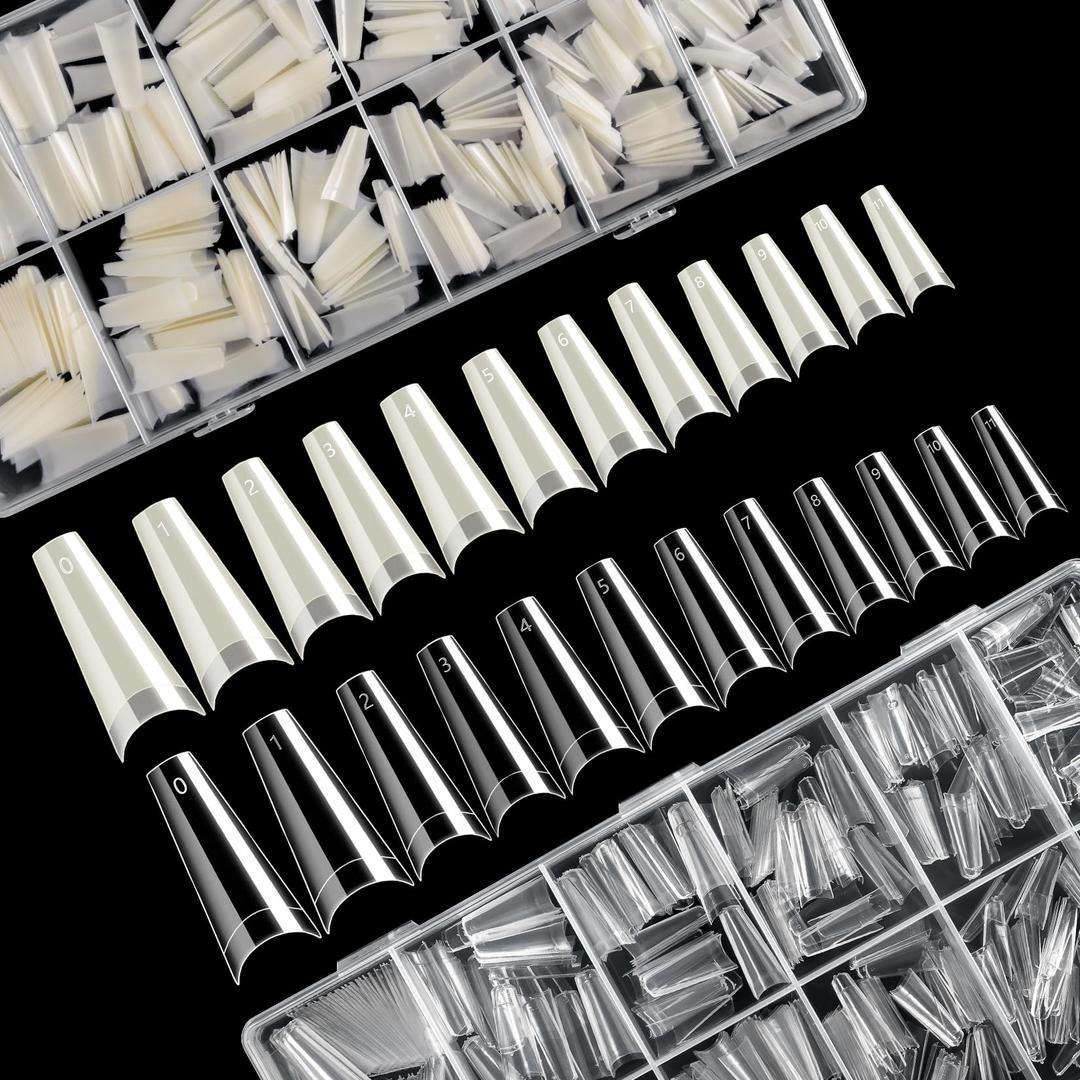 krofaue 1200PCS Coffin Nail Tips - Half Cover Ballerina Nail Tips 12 Size False Nail Tips for Acrylic Nails Professional Manicure with Box for Artificial Fake Nail Tip Art Salon Home (Clear & Natural)