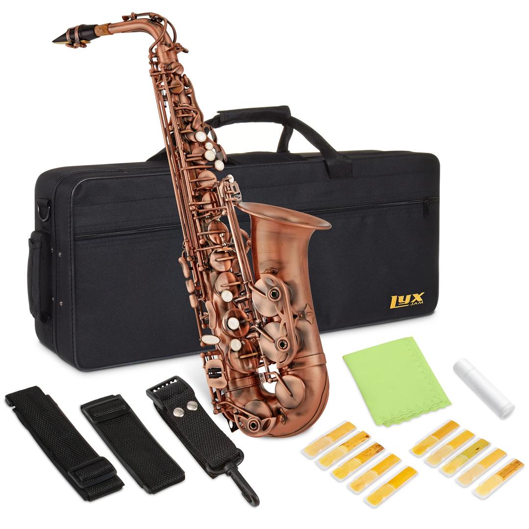 Alto Saxophone E Flat Brass Sax Kit, Professional Sound, Complete Accessories, Ideal for All Players, Includes Hard Case, 10 Extra Reeds, Strap, Gloves, Cleaning Kit & More, Antique Red Finish