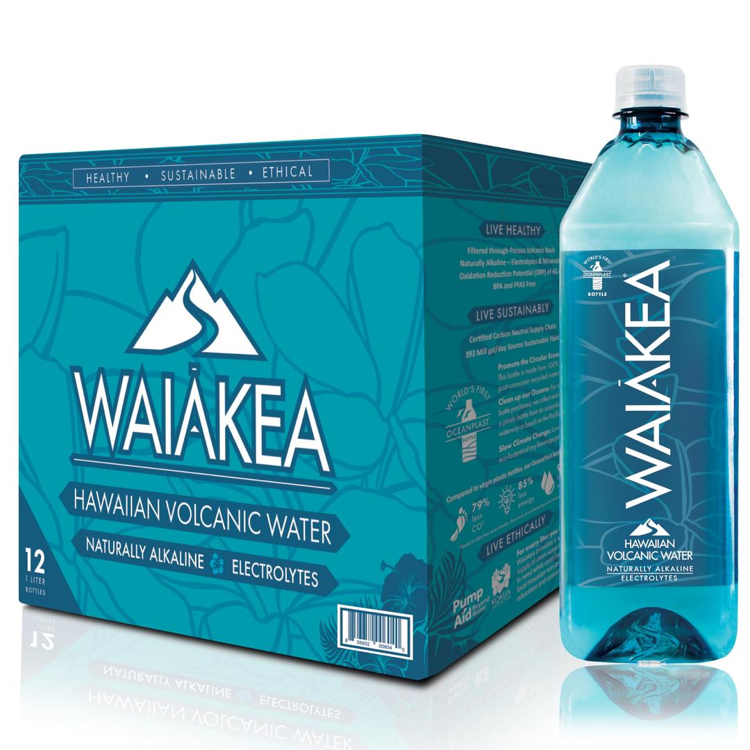 WaiakeaHawaiian Volcanic Water, Naturally Alkaline, 100% Recycled Bottle, 1L (Pack of 12), 33.8 Fl Oz (Pack of 12)