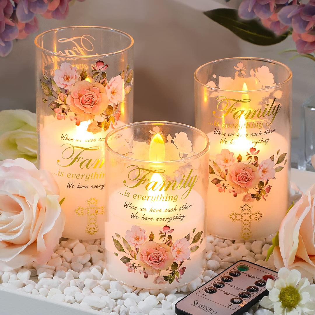 Rose Cross Glass Flameless Candles Floral Theme Flickering Real Wax LED Candles with Remote - Home Party Holiday Summer Ocean Decor - Set of 3