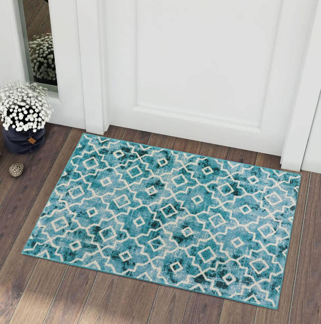 Wonnitar Moroccan Washable Area Rug - Small 2x3 Teal Distressed Entryway Rug Doormat Modern Geometric Non-Slip Throw Rug Faux Wool Floor Carpet for Bathroom Laundry Indoor Office (Teal,2'x3')