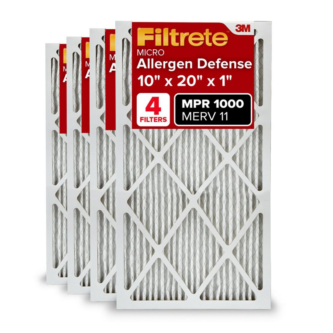 Filtrete 10x20x1 AC Furnace Air Filter, MERV 11, MPR 1000, Micro Allergen Defense, 3-Month Pleated 1-Inch Electrostatic Air Cleaning Filter, 4 Pack (Actual Size 9.81x19.81x0.81 in)