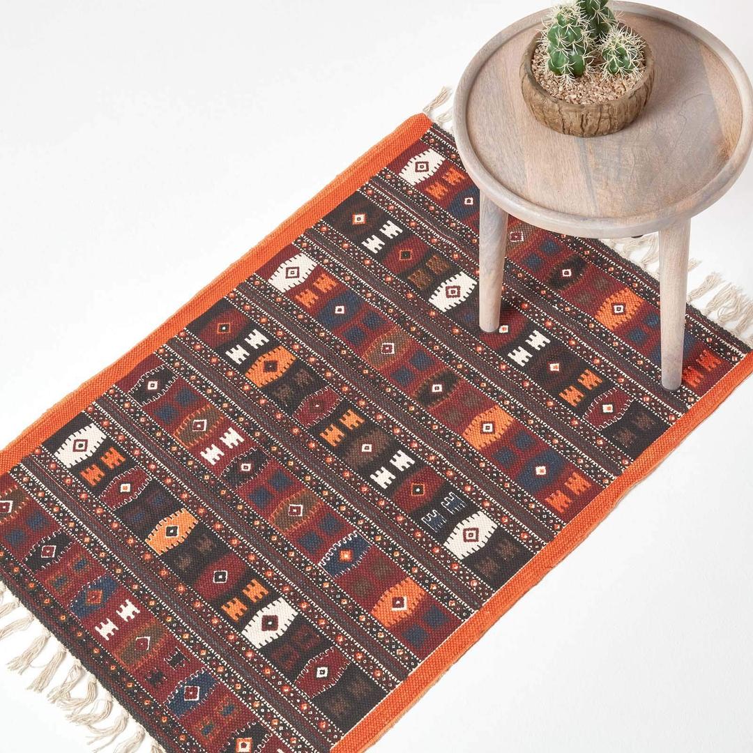 HOMESCAPES Terracotta & Brown Handwoven Kilim Rug for Living Room Traditional Pattern 100% Cotton Rug, 70 x 120 cm