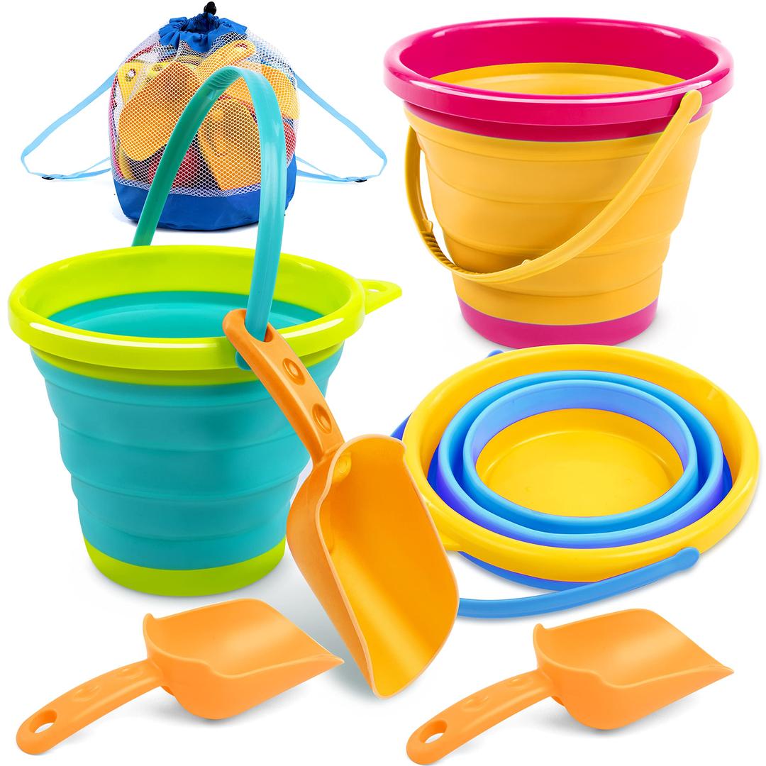 JOYIN 3 Packs Foldable Pail Bucket with Shovels & Mesh Bag, Collapsible Buckets Multi Purpose for Beach, Camping Gear, Beach Party, Fishing, and Fun Summer Activities (Yellow/Blue/Green)