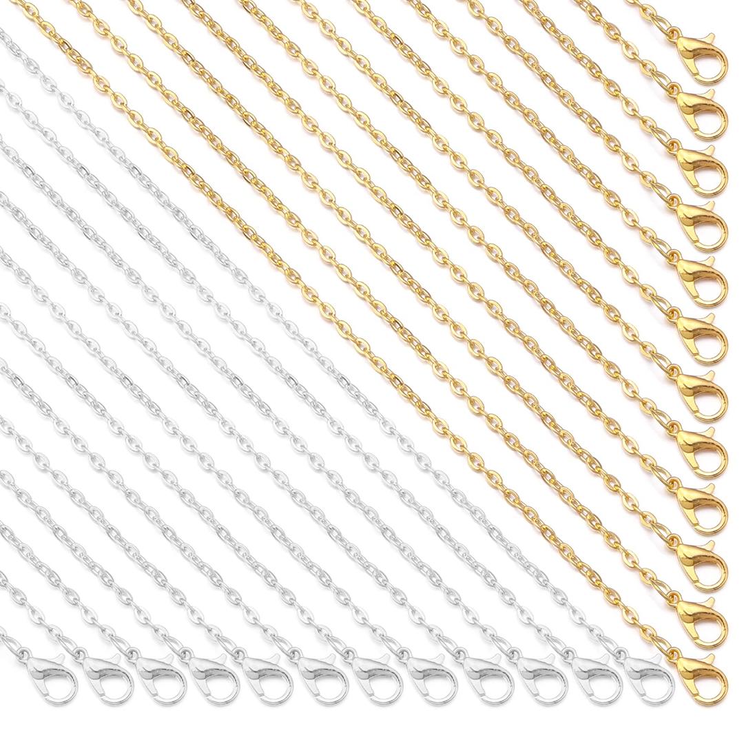 Forise 24 Pack Necklace Chains Bulk 2mm Gold and Silver Alloy Cable Links Chains for DIY Jewelry Making 18 Inches