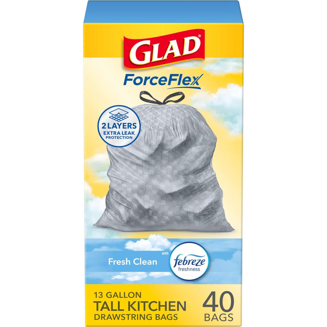 Glad ForceFlex Tall Kitchen Trash Bags, 13 Gallon, Gain Fresh Clean, 40 Count (Package May Vary)