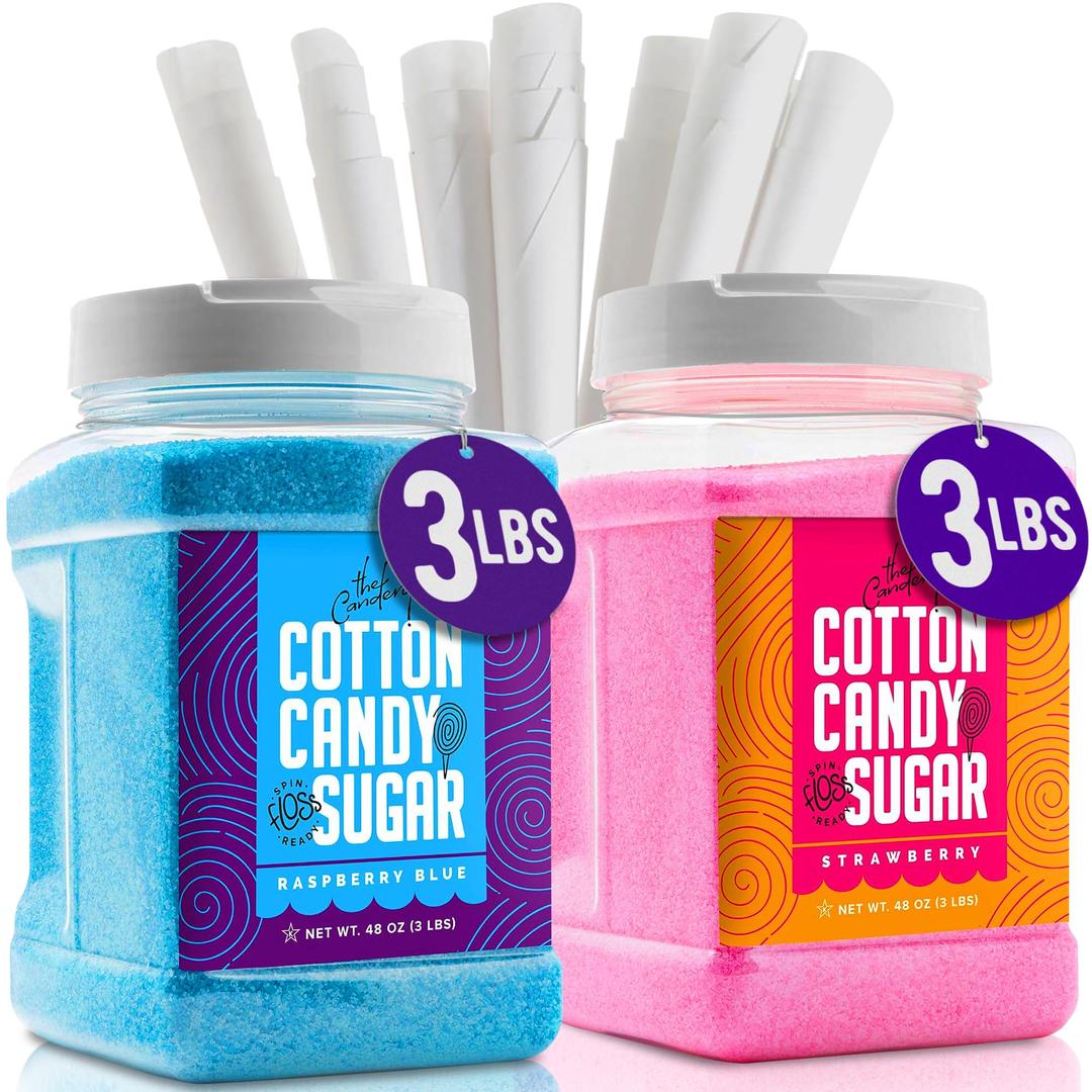 The CanderyCotton Candy Floss Sugar (2-Pack) Includes 100 Premium Cones | Raspberry Blue and Strawberry | Plastic, Reusable Jars | Easy Pour Spout or Scoop | Includes Scooper | 3 LBS Jars