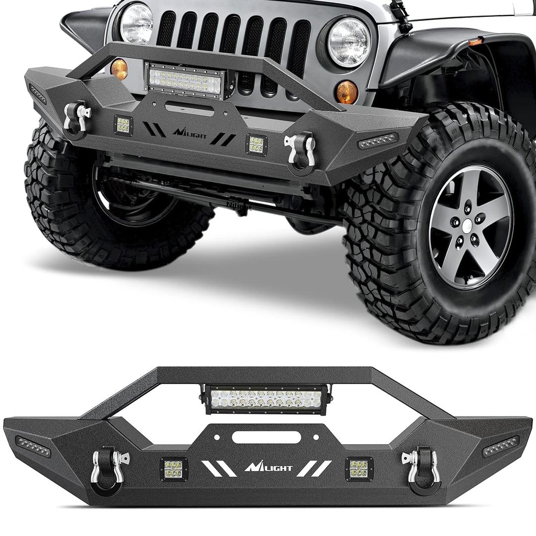 Nilight Front Bumper Compatible for 2007-2018 Wrangler JK/JKU 2018-2024 JL/JLU 2020-2024 Gladiator JT with 72W LED Light Bar 2 x 18W Light Pod 2X 18W Single Row Work Light Winch Plate,2 Years Warranty