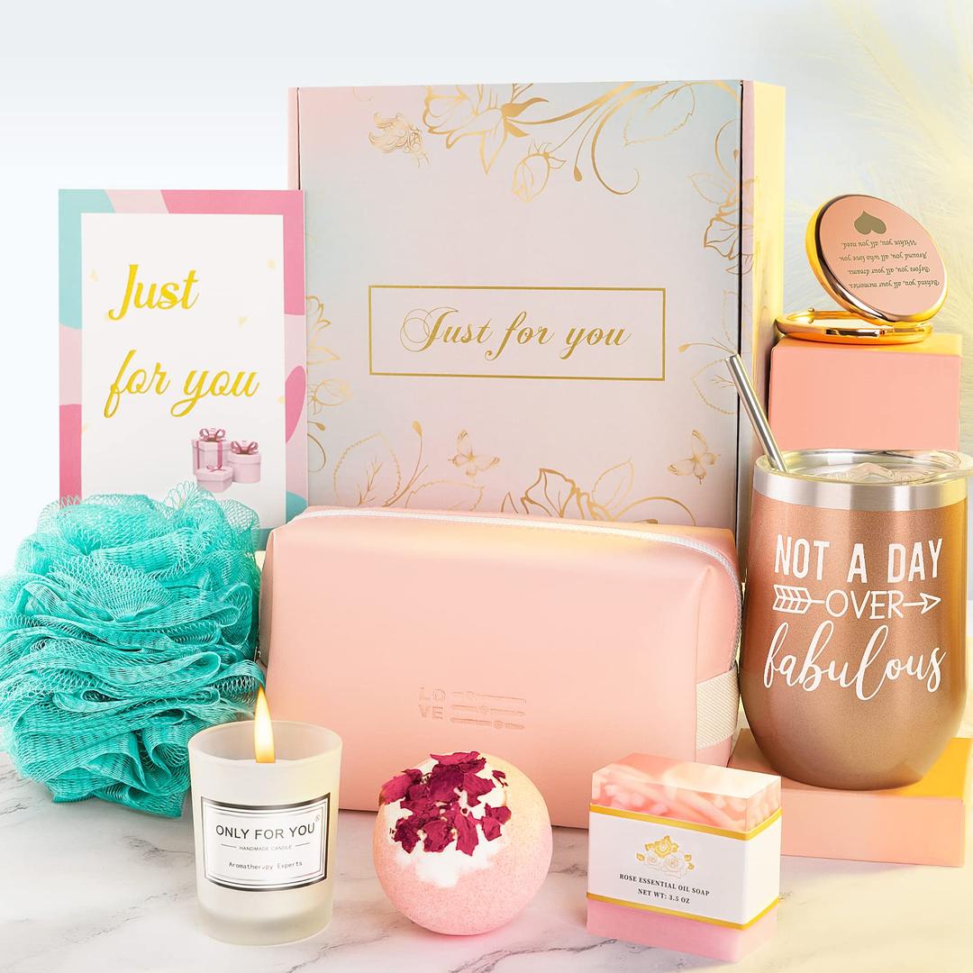 Birthday Gifts For Women, Relaxing Spa Box Basket Gifts for Her Mom Sister Best Friend Wife, Unique Insulated Tumbler Scented Candle Bath Set Gift Ideas For Women Who Have Everything