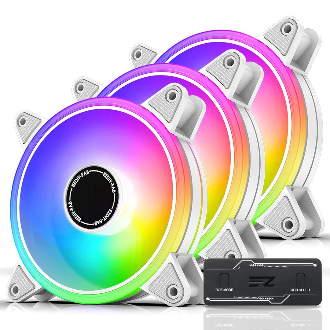 EZDIY-FAB White Moonlight RGB PWM Case Fan 120 mm with RGB PWM Fan Hub, Motherboard RGB Sync, ARGB PWM Fan for PC Casing, Multiple Light Modes, Pack of 3