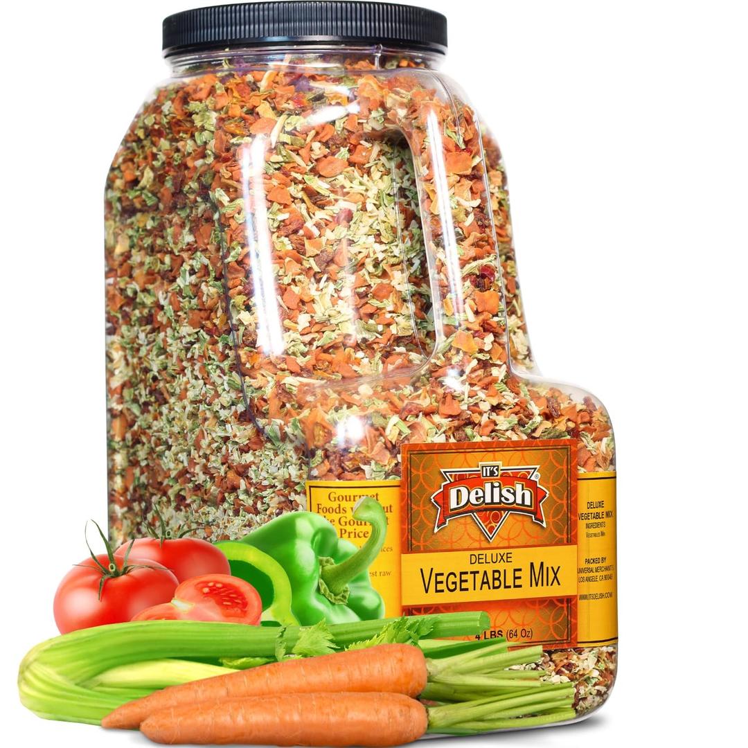 Deluxe Dried Vegetable Soup Mix by Its Delish, 4 LB Restaurant Gallon Size Jug With handle | Premium Blend of Dehydrated Vegetables | Cooking, Camping, Emergency Food Supply - No MSG, Vegan, Kosher