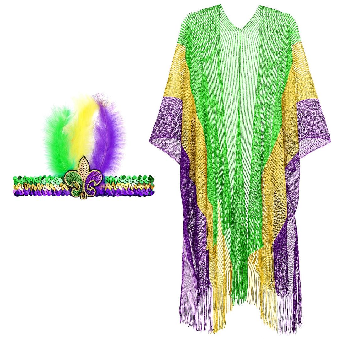 Bencailor2 Pcs Shawls Wraps Mardi Gras Feather Headband Set Women's Long Poncho Cape Mardi Gras Yellow Green Purple Headwear and Cape