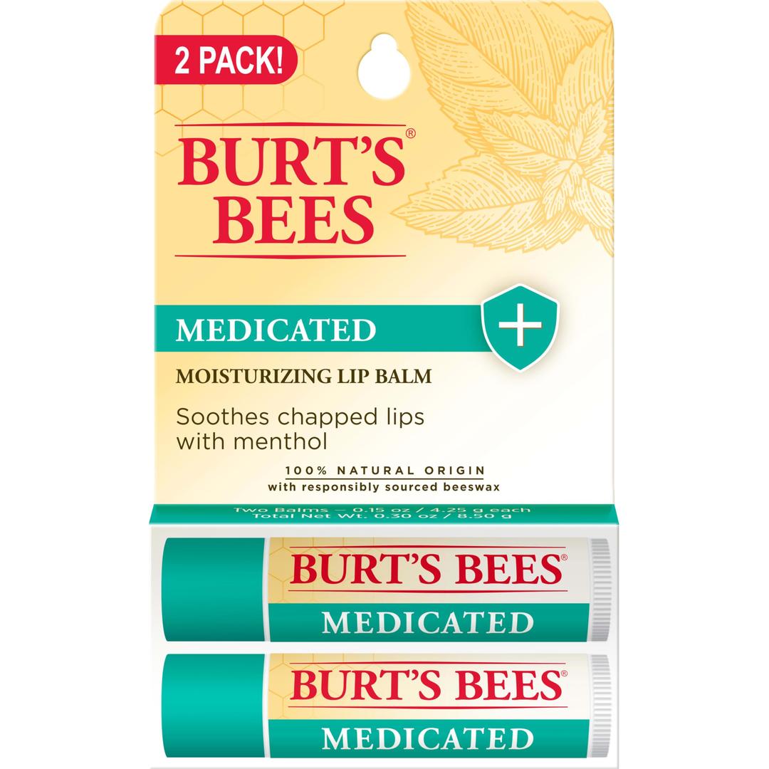 Burt's Bees Lip Balm Stocking Stuffers, Moisturizing Lip Care Christmas Gifts for Dry Chapped Lips, Medicated with Menthol & Eucalyptus, 100% Natural (2-Pack)