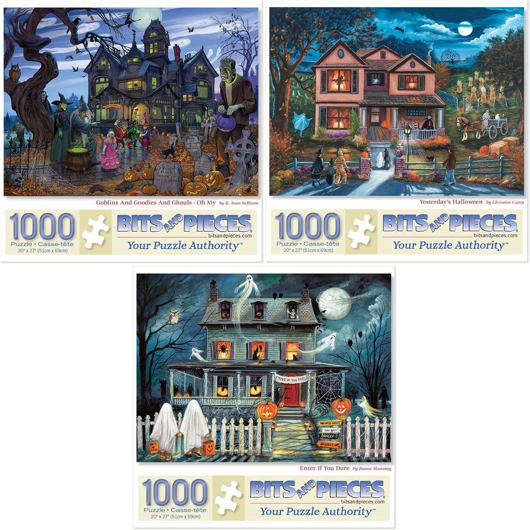 Bits and PiecesValue Set of Three (3) – 1000 Piece Jigsaw Puzzles for Adults - Halloween Collection 1000 pc Jigsaws by Multiple Artists – 20" x 27"