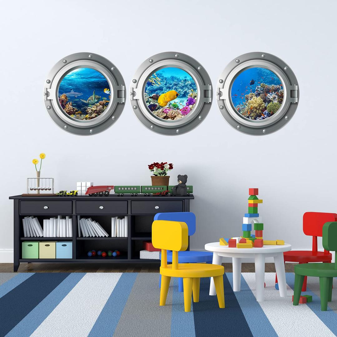 3pcs Undersea Various Tropical Fish Corals Decorative Wall Decals Stickers 3D Porthole Decoration Wall Sticker Removable Vinyl Peel and Stick Porthole Sea Life Art Sticker