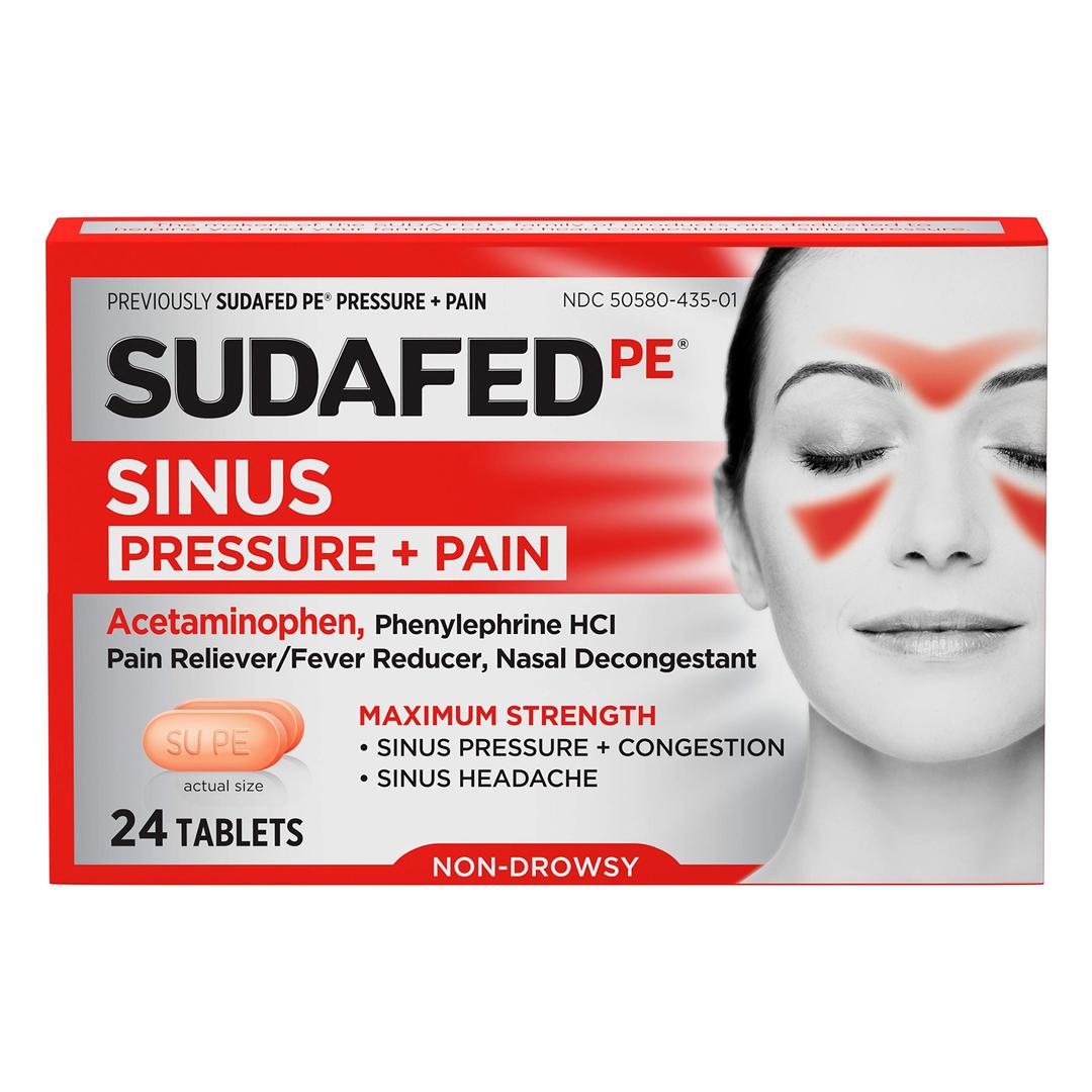 Sudafed PE Sinus Pressure + Pain Relief Tablets, Maximum Strength, Non-Drowsy, Acetaminophen, Pain Reliever, Fever Reducer, Phenylephrine HCl, Decongestant, Sinus Congestion Relief; 24 ct; Pack of 1