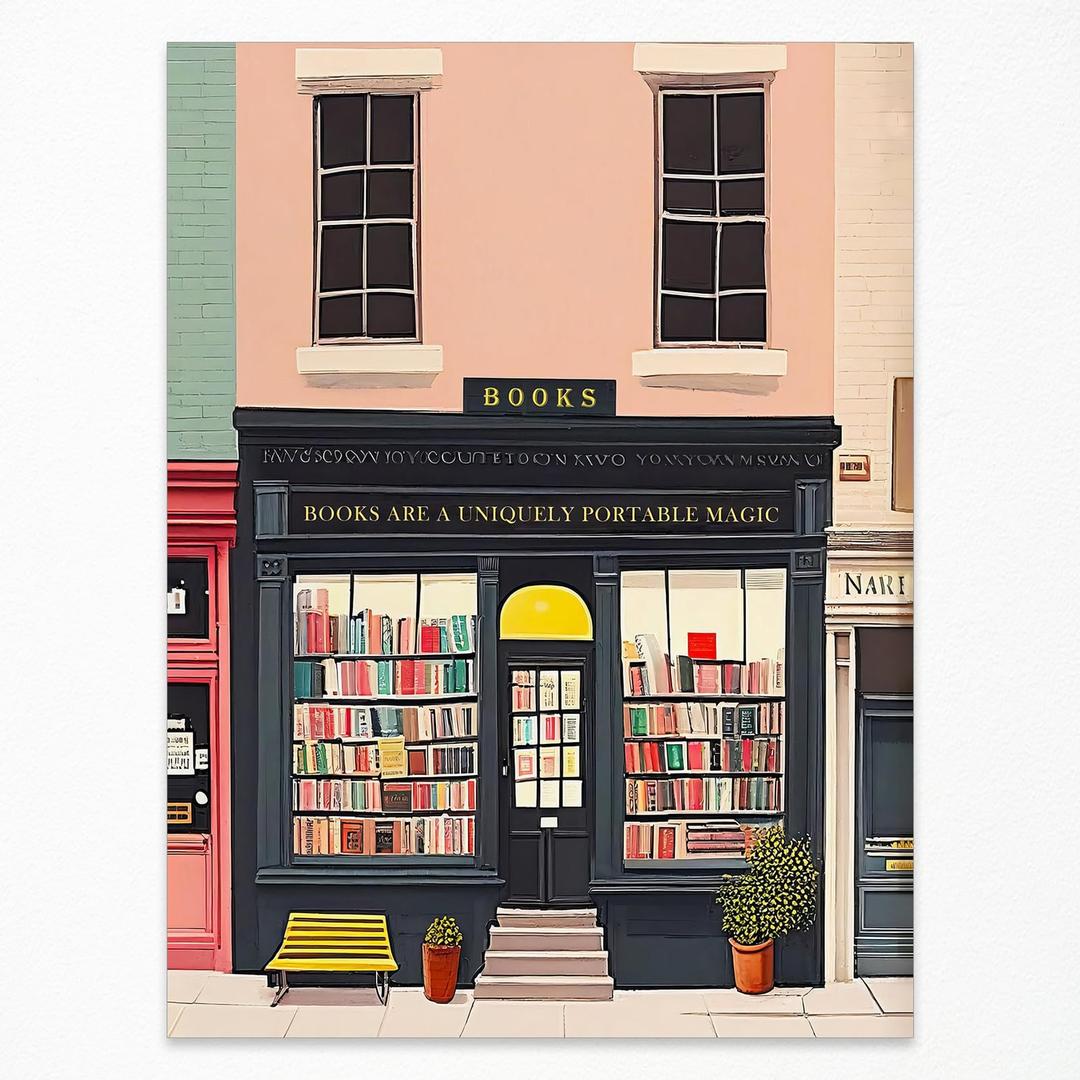 DOLJKCS Book Wall Art Bookshop illustration Poster Pink Room Decor Aesthetic The Bookshop On The Corner Paintings Prints for Reading Nook Wall Decor 12x16 Inch Unframed Book Lover Gift